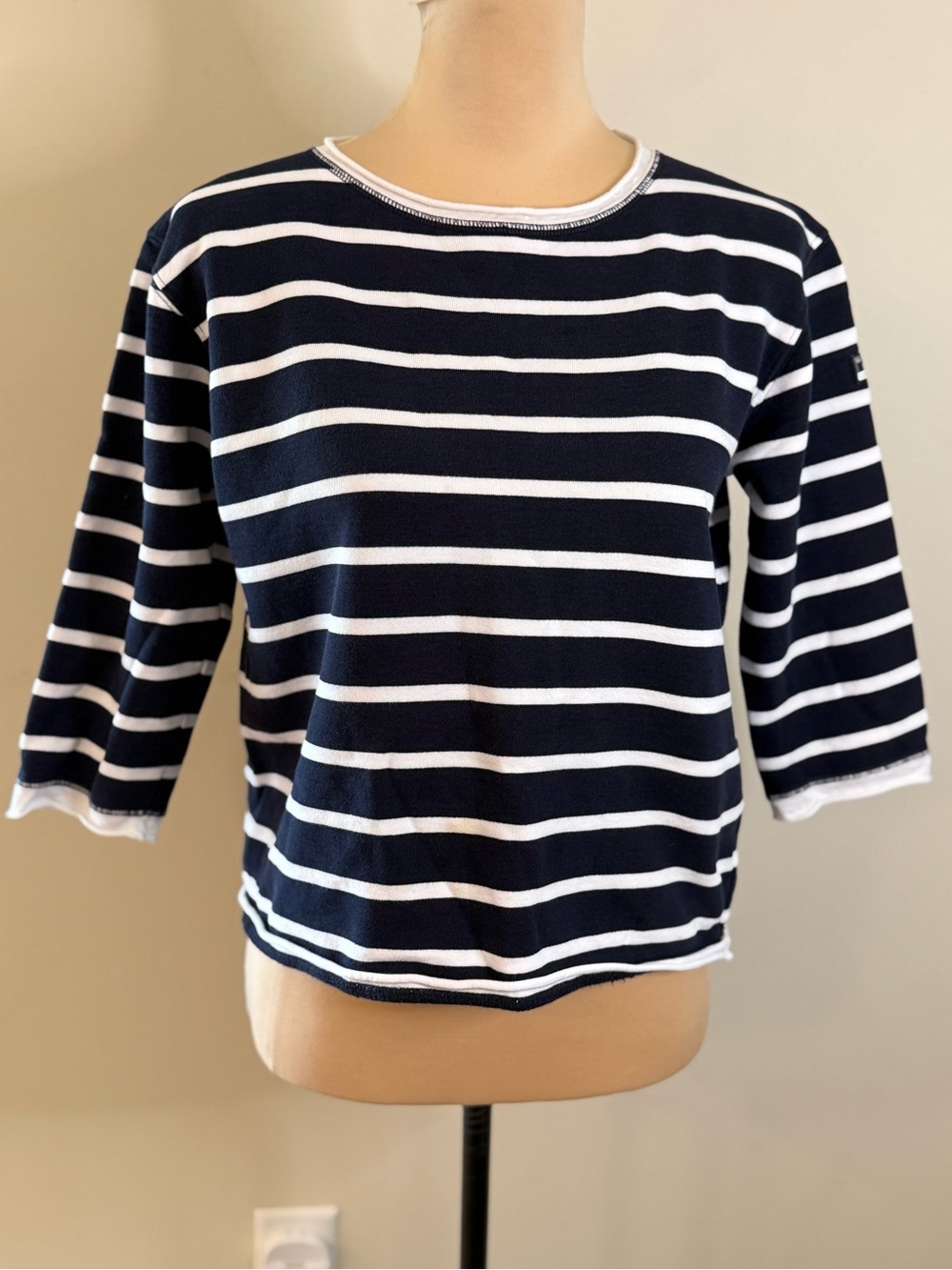 Lauren Ralph Lauren navy blue & white striped cotton top cropped sleeves SM